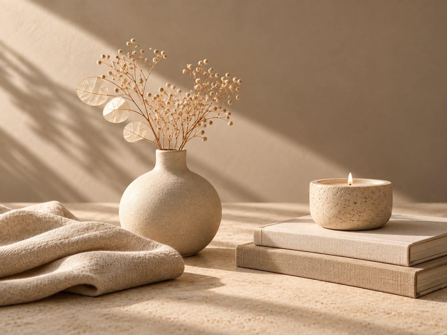 A ceramic vase with dried flowers, linen and a lit candle on cloth-bound books