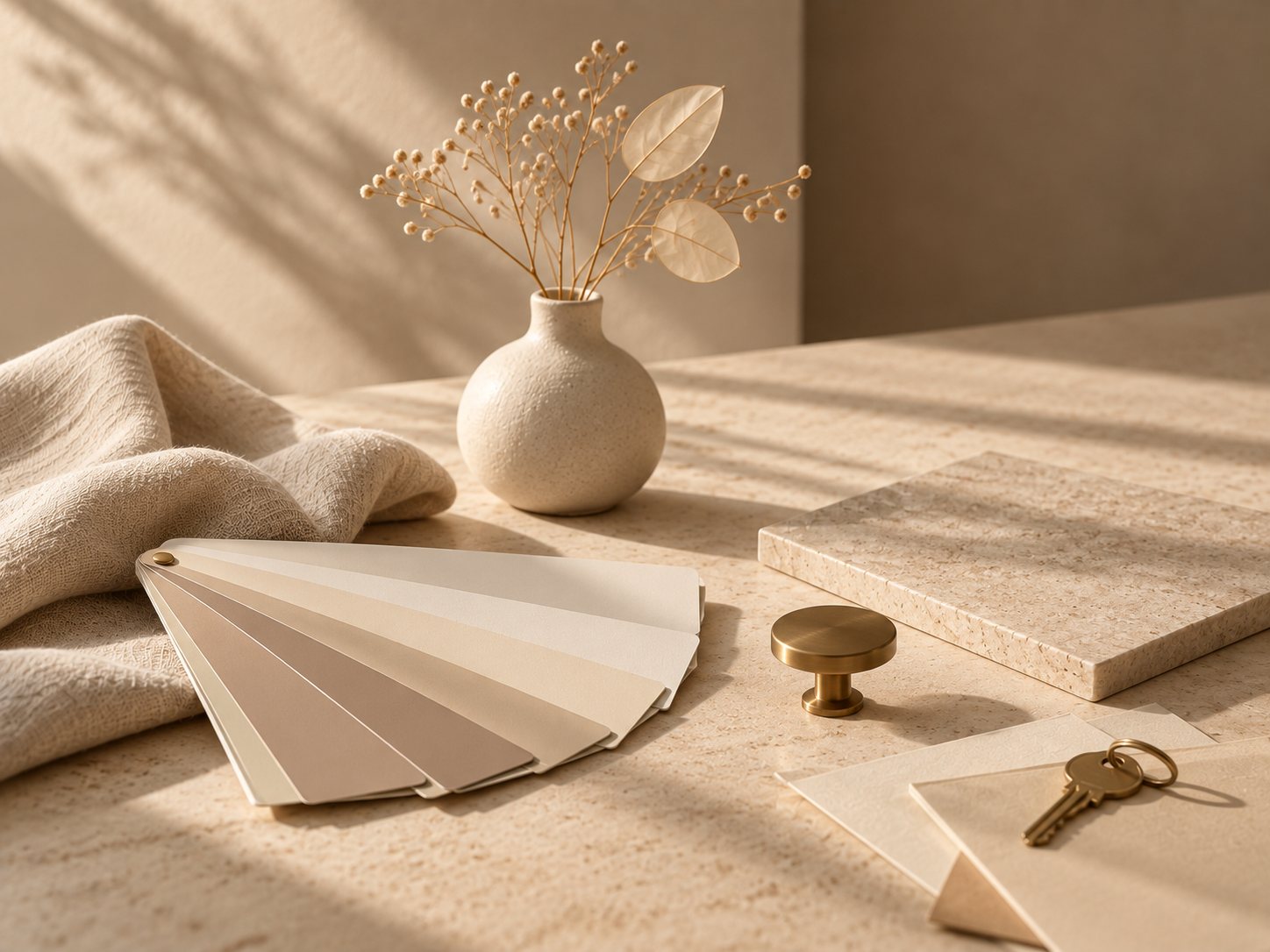 A fanned paint deck beside a stone sample, a brass cabinet knob and a house key