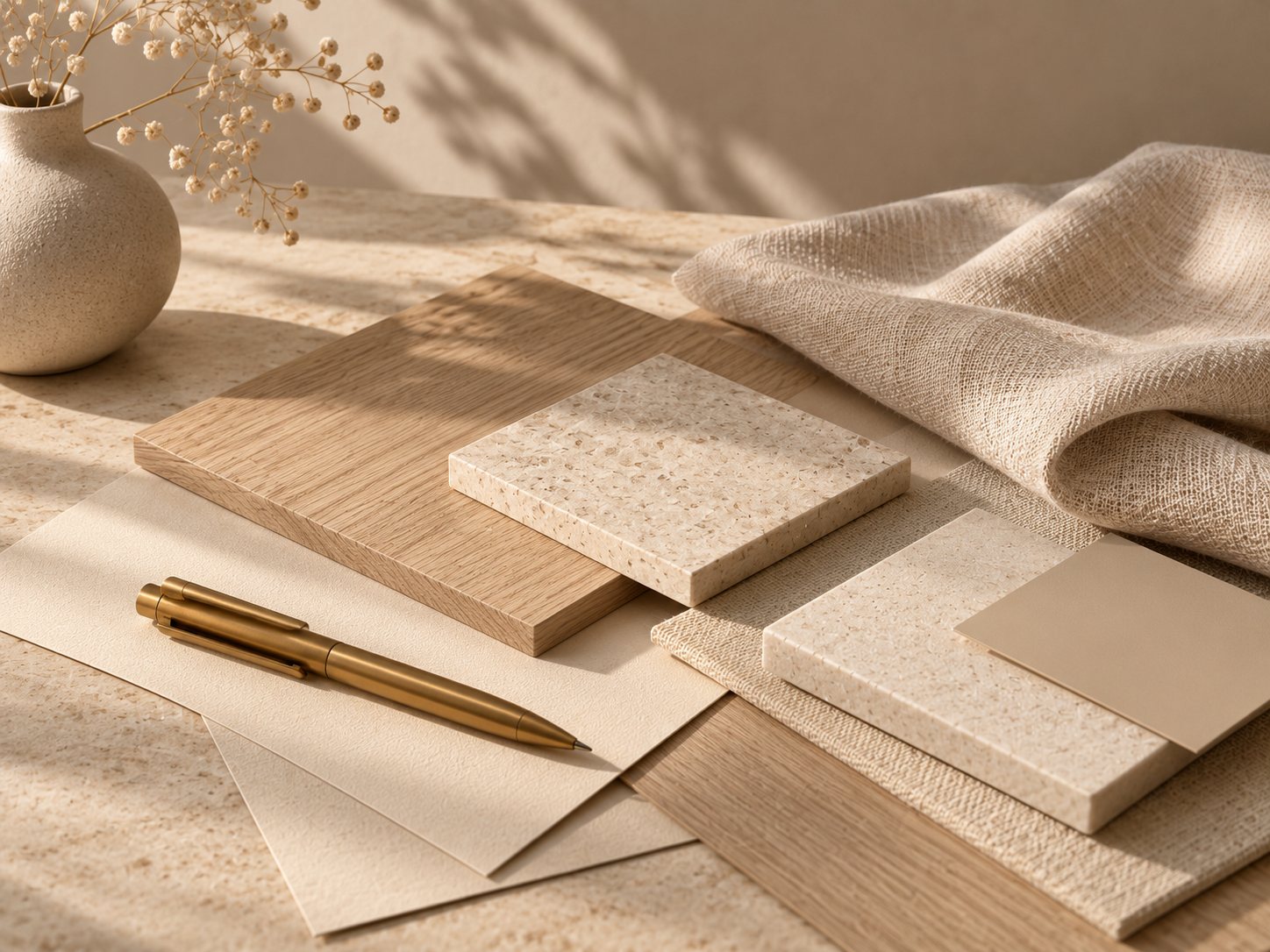 Oak veneer, stone samples, woven linen and a brass pen laid out as a material palette