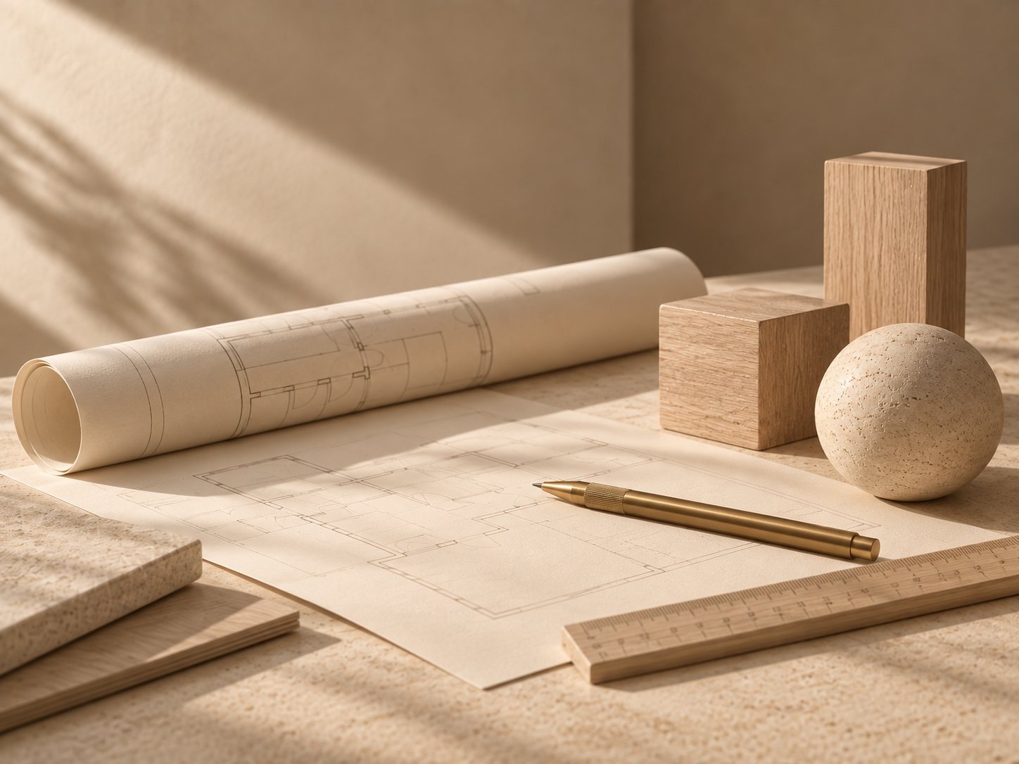 Rolled floor plans beside oak blocks, a stone sphere and a brass drafting pen