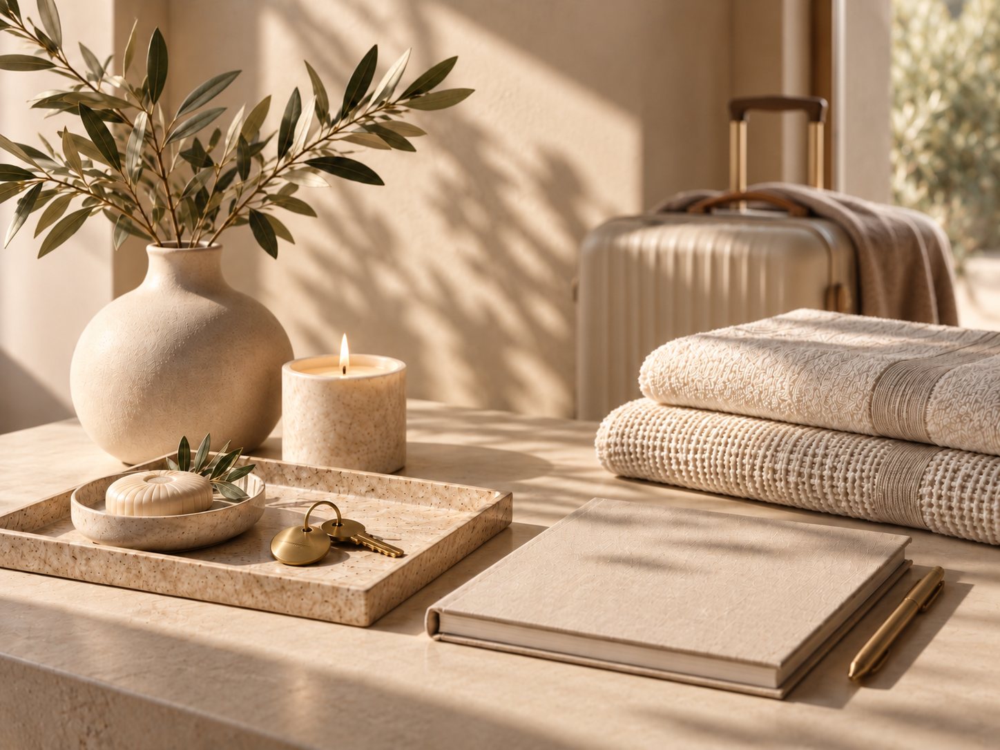 Welcome tray with a candle, soap and brass key beside folded towels, a guest book and a suitcase