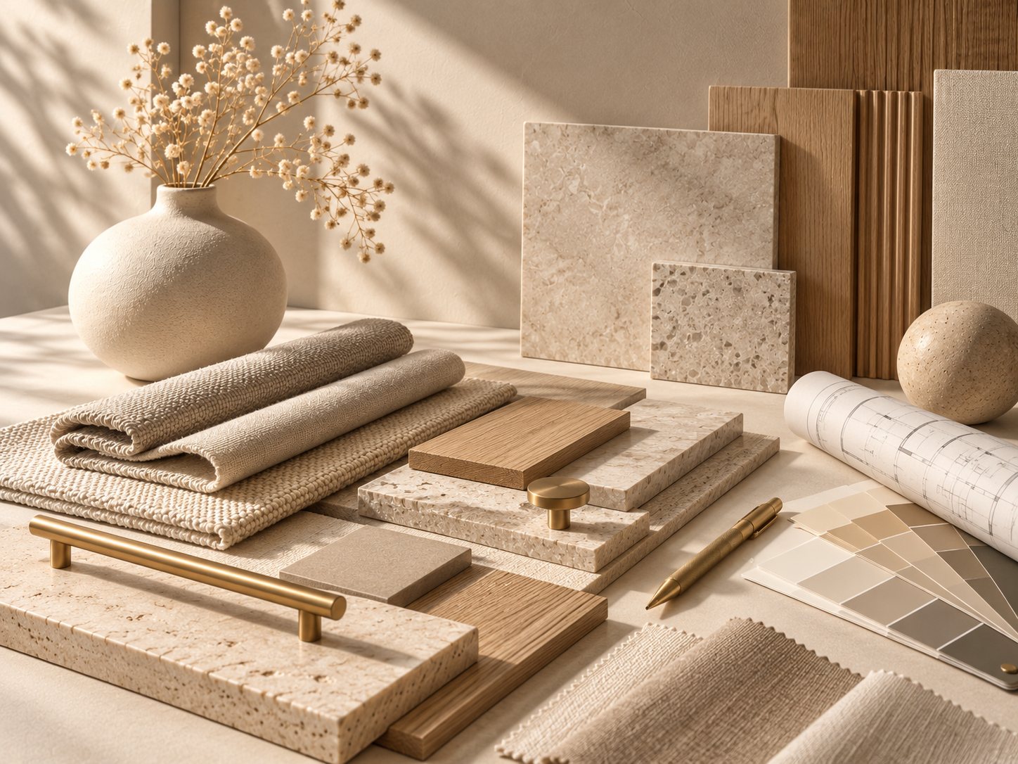 Material samples of stone, oak, linen and brass hardware with a paint fan and rolled floor plans