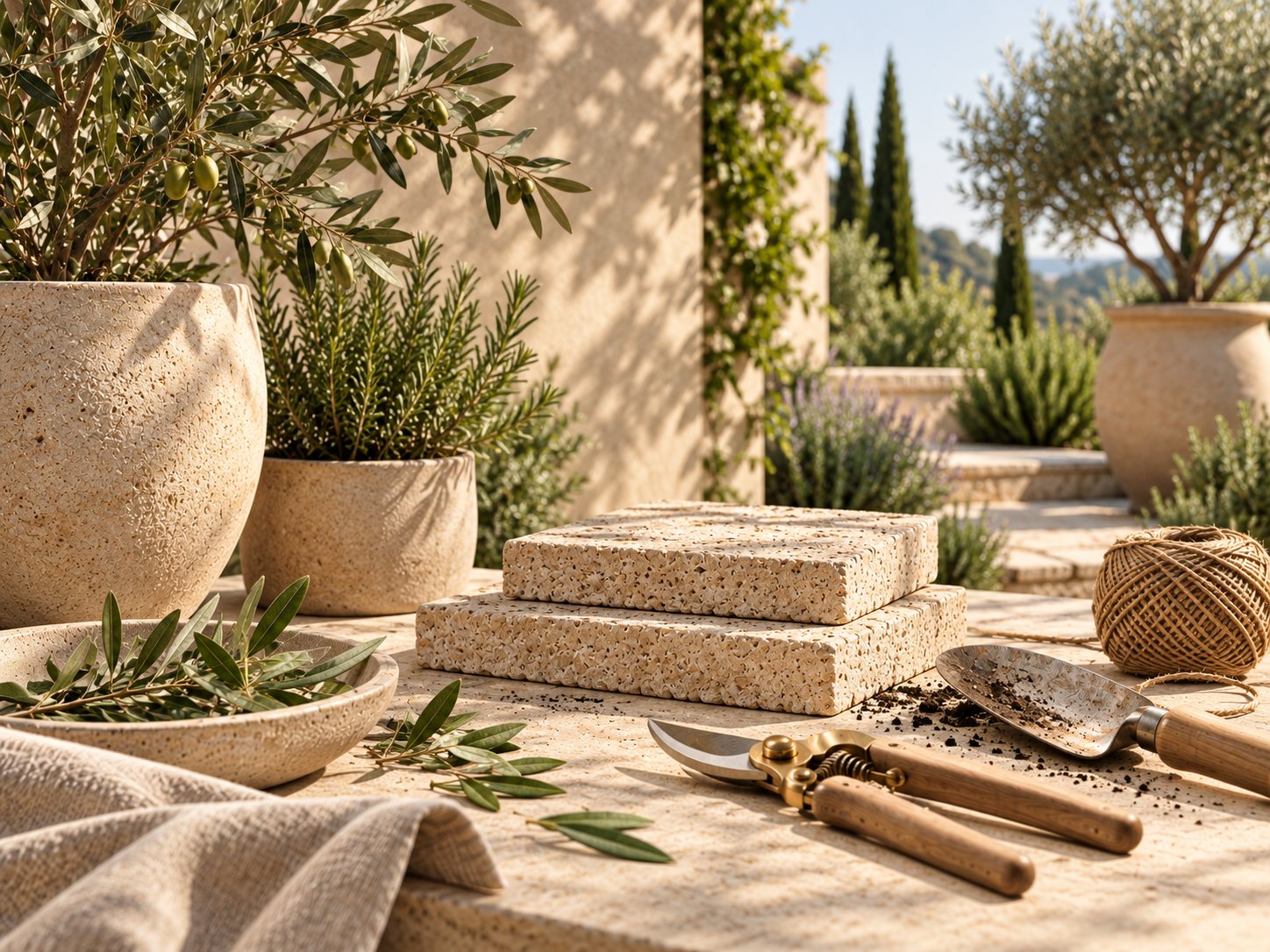 Terrace with potted olive and rosemary, stone pavers, twine and garden tools in warm afternoon light