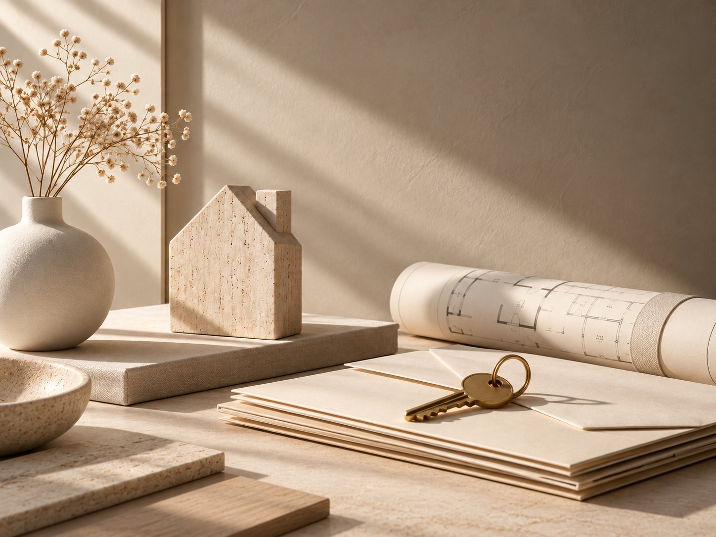 A small stone house model beside rolled floor plans and a brass key on a folder of papers