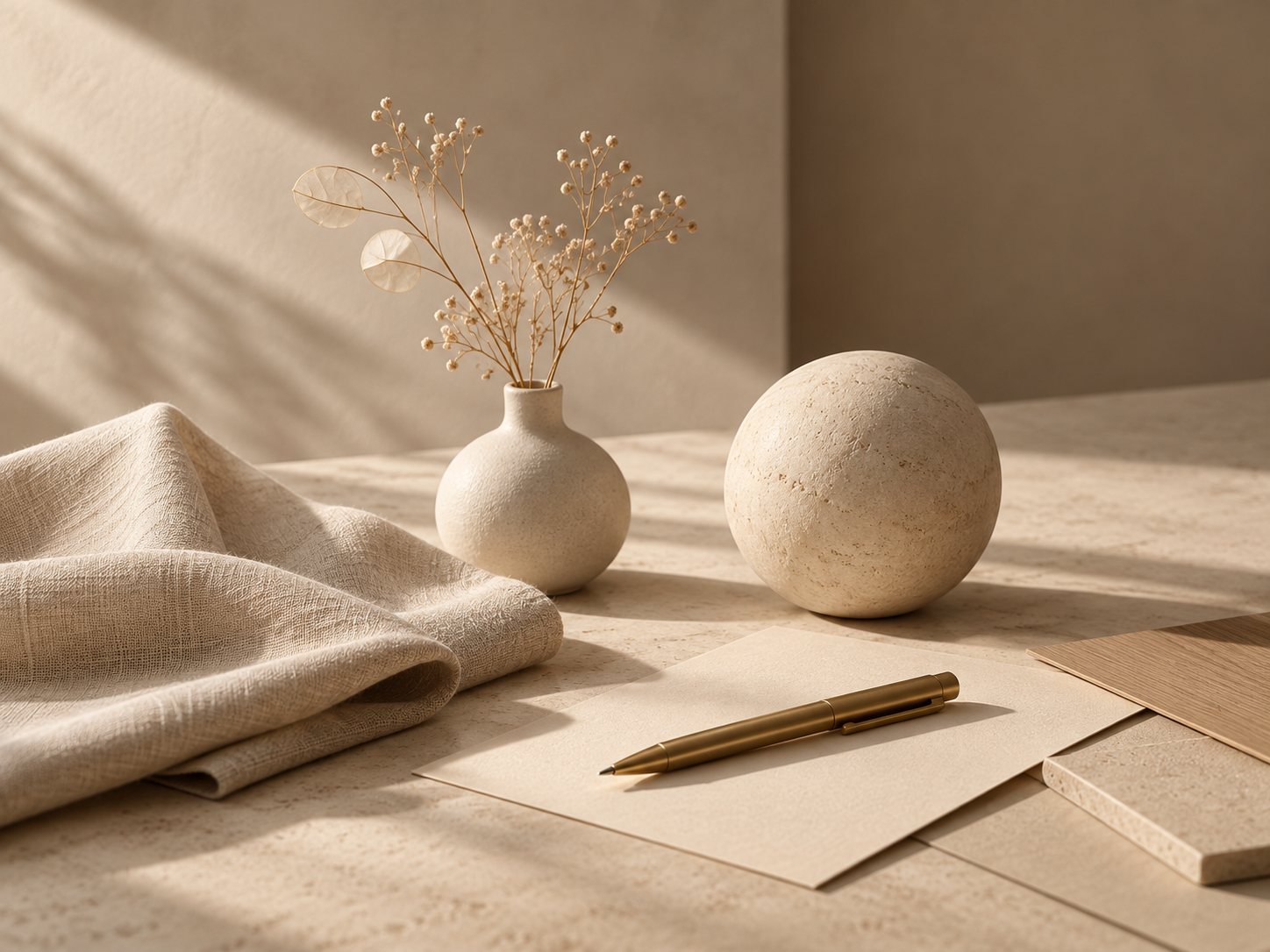 A stone sphere, a ceramic vase with dried stems and a brass pen on paper in warm light